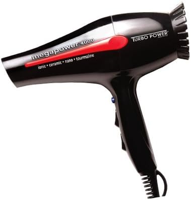 Turbo Power Megapower 4000 Ionic Ceramic Nano Tourmaline Hair Dryer, with Long Lasting Italian AC Motor, Nano Silver Technology Kills Bacteria, and Far In-Frared Heat, with 4 Temperature and 2 Speed Settings, Ergonomically Designed Anatomic Handle