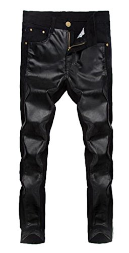 LTYY Men's Fashion Black Stitching PU Leather Trousers Pants black 32