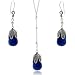 Sterling Silver .925 Genuine Lapis Stone Leaf Petal Bead Dangle Hook Earrings Y Necklace 18.5-19.5 Jewelry Set
