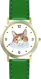 Tan and White Cat - JP - WATCHBUDDY® DELUXE TWO-TONE THEME WATCH - Arabic Numbers - Green Leather Strap-Children's Size-Small ( Boy's Size & Girl's Size )