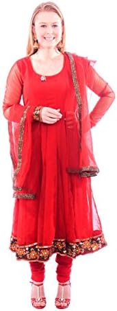 Uziicollection Women's Anarkali Churidar Net & Georgette Stitched Suit , Medium , Bright Red