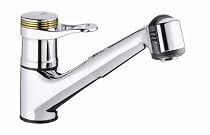 GROHE Europlus Single-Handle Kitchen Faucet with Pull-Out Spray, Chrome with Polished Brass Accent #33853IR0