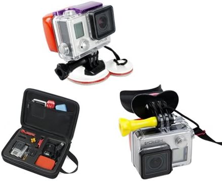 Shopready Bundle Set Kayaking Wakeboarding Surf Surfing Mouthpiece Mouth Mount with Floaty, Neck Lanyard / POV Mid-Size EVA Full Set Travel Armoured Protective Shell Storage Case with Shock Absorbing Foam Carry Strap / Surfboard Mount with Adhesive Anchor and Camera Tether Kit for GoPro Hero3, Hero3+, Hero3 Plus, Hero4 Camera
