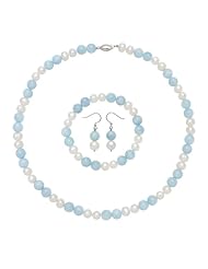 8mm White Freshwater Pearl and Aquamarine Alternating by Two - Necklace, Bracelet, Earring Set