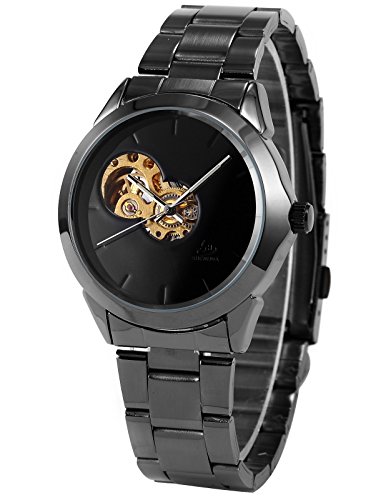 AMPM24 New Black Skeleton Mens Roman Cool Automatic Mechanical Steel Band Analog Watch PMW114