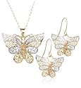 10k Tri-Color Gold Filigree Butterfly Pendant and Earrings Set, 18"