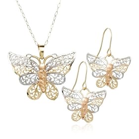 10k Yellow Gold Filigree Butterfly Pendant and Earrings Set, 18