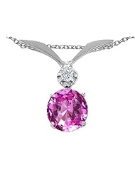 Tommaso Design (tm) Round 7mm Created Pink Sapphire and Genuine Diamond Pendant in 14 kt White Gold