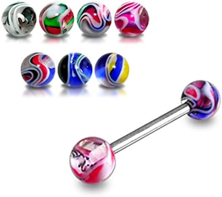 14Gx9/16 (1.6x14MM) 316L Surgical Steel Straight Barbell with 5MM UV Multi Color Marble Ball Tongue Piercing Rings - 10 Pieces Assorted Color as Show