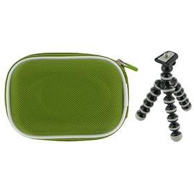 rooCASE 2n1 Nylon Hard Shell (Green) Case with Memory Foam and Premium Tripod for Flip Mino Series Camcorder Black
