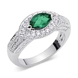 Standout 0.75 carat total weight Marquise Shape Checker Board Created Emerald & White CZ Size 6 Gemstone Ring in Sterling Silver