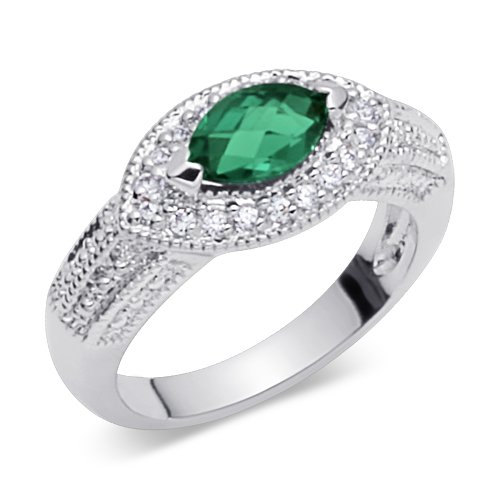 Standout 0.75 carat total weight Marquise Shape Checker Board Created Emerald & White CZ Size 6 Gemstone Ring in Sterling Silver
