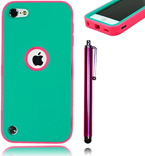 Bastex Heavy Duty Hybrid Case for Apple Ipod Touch 5 - Hot Pink Soft Silicone Cover Surrounded by Hard Teal Shell ***INCLUDES SCREEN PROTECTOR AND STYLUS***
