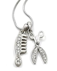Clear Rhinestone Comb and Scissor Pendant Necklace Fashion Jewelry