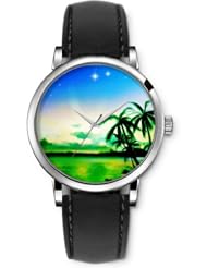 SPRAWL Aanalog Fashion Series Silver Ladies Watches of Genuine Black Leather Strap,Unique Wrist Watch for Women Girls Designed with Different view on the beach