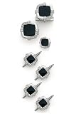 Solid 14k White Gold Diamond Onyx Cushion Cufflinks, Tie Tac and Stud Set