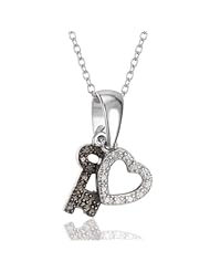 Black White Diamond Accented Key to My Heart Pendant in Sterling Silver
