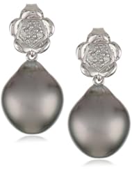 10k White Gold 9-9.5mm Tahitian Cultured Pearl and Diamond Earrings (0.07 cttw, G-H Color, I2-I3 Clarity)