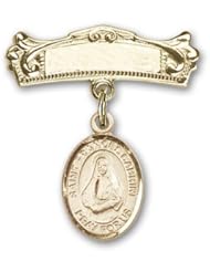 14K Gold Baby Badge with St. Frances Cabrini Charm and Arched Polished Badge Pin