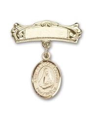 Gold Filled Baby Badge with St. Frances Cabrini Charm and Arched Polished Badge Pin
