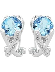 14K White Gold 5.12ct Diamond & Cushion Blue Topaz Huggie Earrings