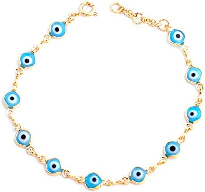 Gold Plated Overlay with Light Blue Mini Evil Eye Style 8.0 Inch Clasp Bracelet