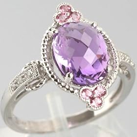 14K White Gold Amethyst, Pink Tourmaline and Diamond Ring - OldCities Closeout... by