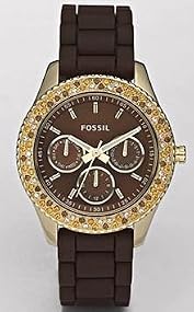 Fossil #ES2897 Women's Stella Brown Silicone Strap Multi Function Glitz Accented Watch