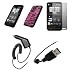 HTC HD2 - Hot Pink and Black Zebra Stripes Design Soft Silicone Gel Skin Cover Case + Crystal Clear Screen Protector + Rapid Car Charger + USB Data Sync Charge Cable for HTC HD2