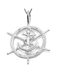 Sterling Silver Anchor Within a Ships Wheel Necklace Pendant with Box Chain