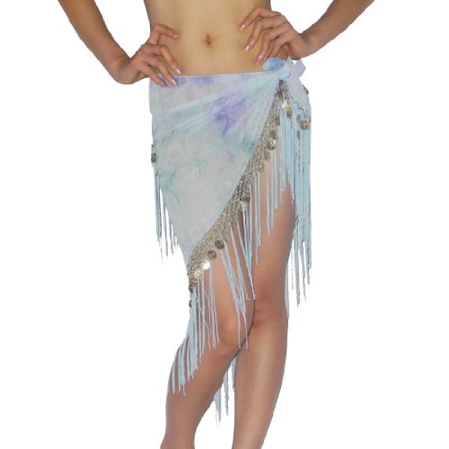 Ladies Sexy Exotic Belly Dance Triangle Hip Scarf / Costume Belt With Coins & Fringe - Blue -Size: one size
