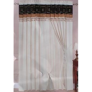 A Pair of Micro Suede Beige Valance Windows Curtain Drapes Panels with Sheer Lining Set