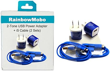 RainbowMOBO (TM) 2 Pack Charging Set incldues 2 x AC Power Travel Wall Adapter + 2 x 3 Feet 8-pin to USB 2.0 Charging + Data Sync Cable Cord for iPhone 5 / 5S / 5C / iPad 4 & mini & iPod Touch 7th (Rainbow Blue)