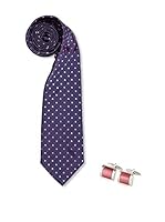 SILVIO SILVANI Pack Corbata Azul Marino Con Topos Rosas + Gemelos Con Piedra Rosa