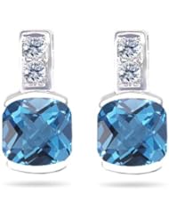 0.08 Cts Diamond & 1.78 Cts Swiss Blue Topaz Earrings in 14K White Gold