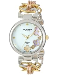 Akribos XXIV Womens AK645TRI Lady Diamond Swiss Quartz Diamond Mother-of-Pearl Flower Rose-tone, Gold-tone, and Silver-tone Circle Link Bracelet Watch