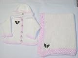Knitted on Hand Knitting Machine Natural Chenille Hand Crochet Finished with Pink Chenille Trim Infant Girls Cardigan, Hat Set Trimmed with Black Velvet Rhinestone Butterfly and Matching Large Blanket