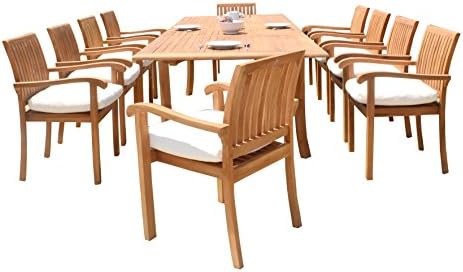 11 PC A Grade Outdoor Patio Teak Dining Set - 94" Double Extension Rectangle Table &amp; 10 Naples Stacking Arm Chairs