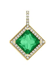 18K Yellow Gold 8.00x8.00mm Princess Cut Chatham Created Emerald and Diamond Pendant