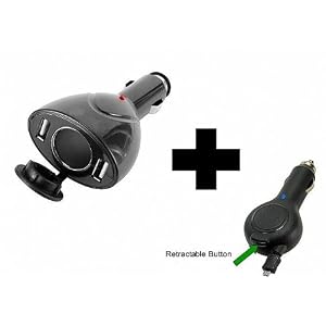 Plantronics Discovery 975 Tangle Free 3 In 1 Retractable Car Charger w/ Y-Splitter Cigarette Lighter Adapter Socket Included (Compatible with Most Bluetooth Headsets, MP3\’s and Mobile Phones)