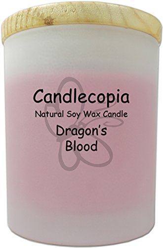 Candlecopia Dragon's Blood Scented Soy Candle - A potent and earthy fragrance infused with cedarwood, orange and patchouli essential oils - 80+ Hours Burn Time in 14 oz Frosted Jar with Wooden Lid