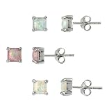 Sterling Silver Pink, Blue, and White Square Created Opal Stud Earrings Set