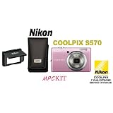 Nikon CoolPix S570 Digital Camera Kit (Pink) w/ nikon S series leather case + 2 year extended service coverage + delkin eFilm Pop up Shade. We are authorized USA Nikon dealer