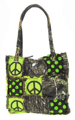 Patchwork Leaf Camo Tote Bag Purse Camouflage Peace Signs and Polka Dots Green