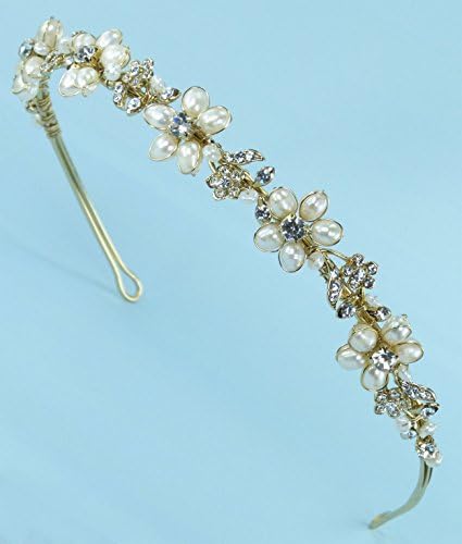 Sophisticated Bridal Wedding Tiara Headband of Rhinestone-Accented Freshwater Pearl, Rhinestone-Encrusted Leaves and Rhinestone Flowers for Wedding, Prom, Quinceañera or Other Special Events (#93D5fwpag)