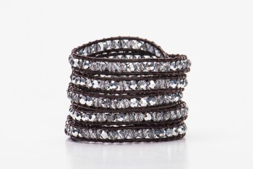 EA Light Mixed Crystals on 5 Layer Brown Leather Wrap Bracelet