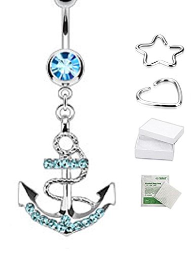(1pc Aqua) 316L Surgical Steel Gemmed Anchor Dangle Navel Ring(Sold Individually)