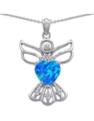 CandyGem 925 Sterling Silver Guardian Angel Love and Protection Heart Pendant with Created Blue Opal