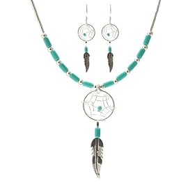 Dream Catcher Turquoise Necklace Medium Feather Earrings Set, 16"