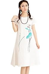 Short Sleeves Cotton/Linen General Print Midi Dress 